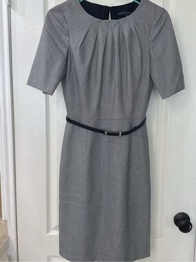 ANTONIO MELANI Gray Pleated Sheath Dress with Slim Black Belt
